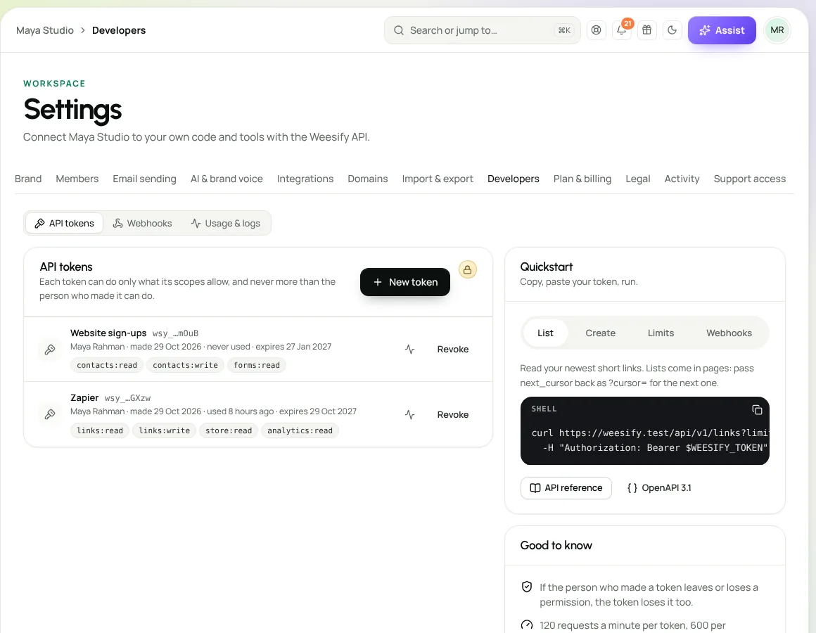 Developer settings: scoped API tokens and a quickstart with the API reference