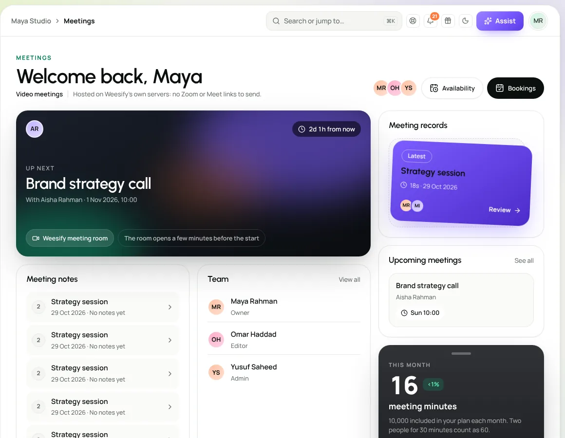 Weesify Meetings: the next call, meeting records, notes and minutes this month